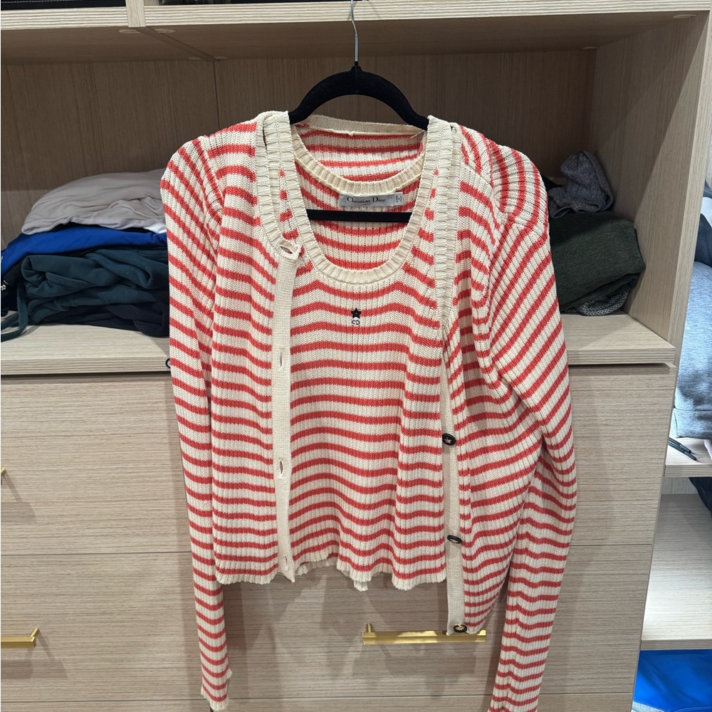 Dior Cream and Red Striped Knit Top and cardigan set